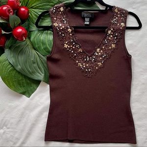 Michelle Antonelli Vintage V-Neck Brown Tank w/Sequin Embroider Neck  S (Women)